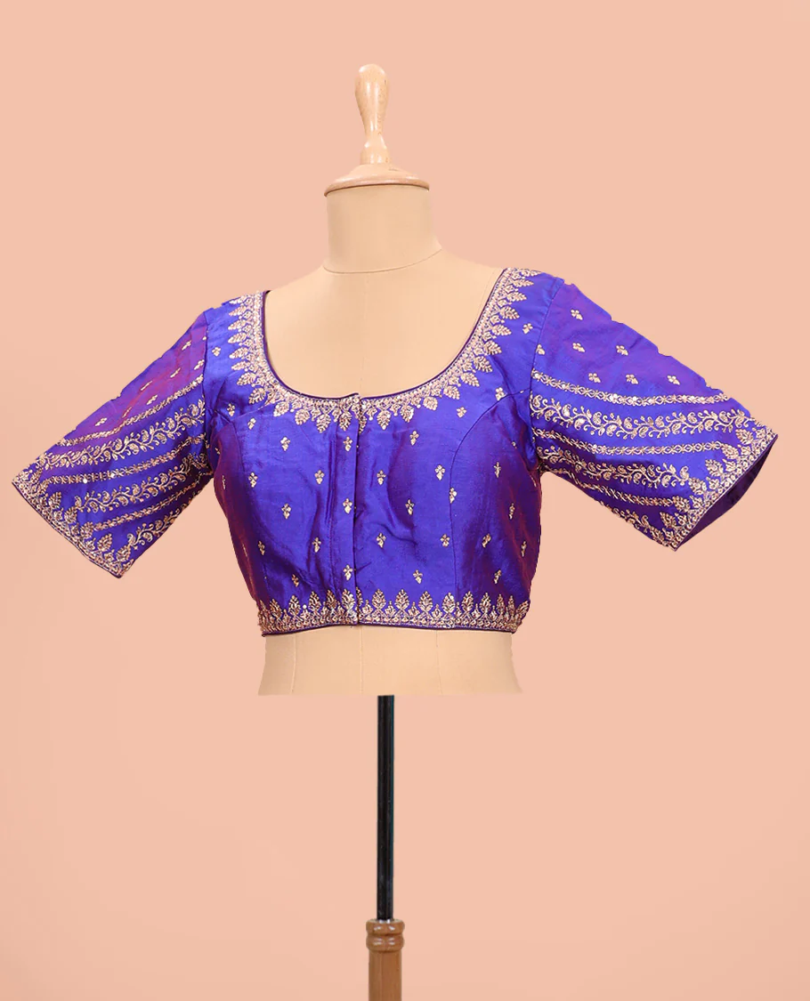 Blue embroidered round neck with elbow sleeve raw-silk blouse