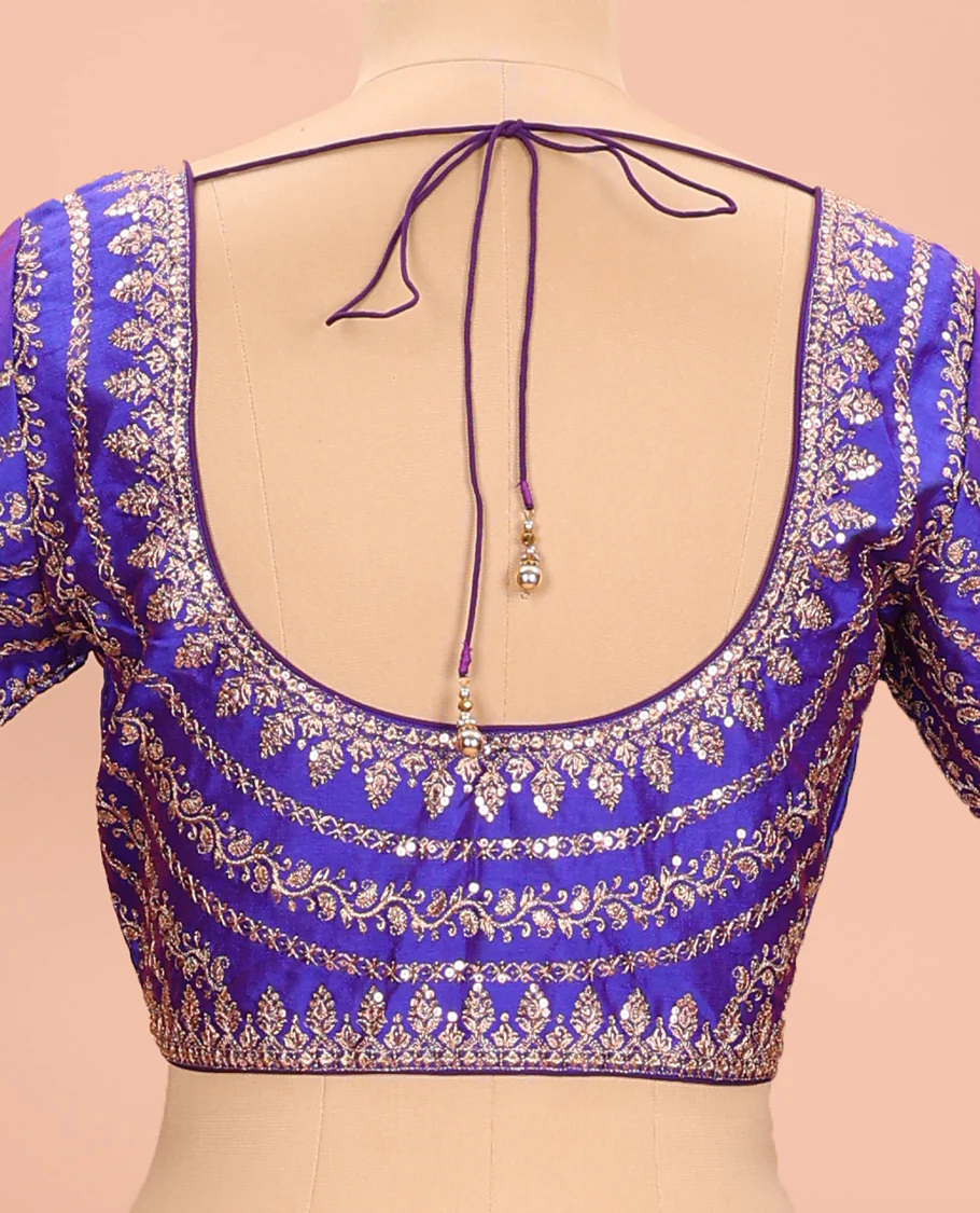 Blue embroidered round neck with elbow sleeve raw-silk blouse - Image 4