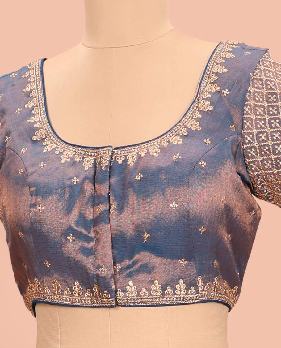Blue embroidered round neck with elbow sleeve shimmer blouse - Image 2