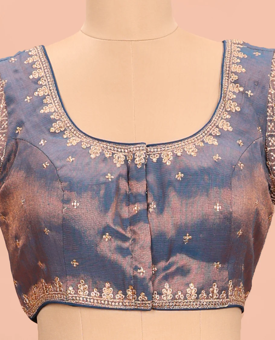 Blue embroidered round neck with elbow sleeve shimmer blouse - Image 3
