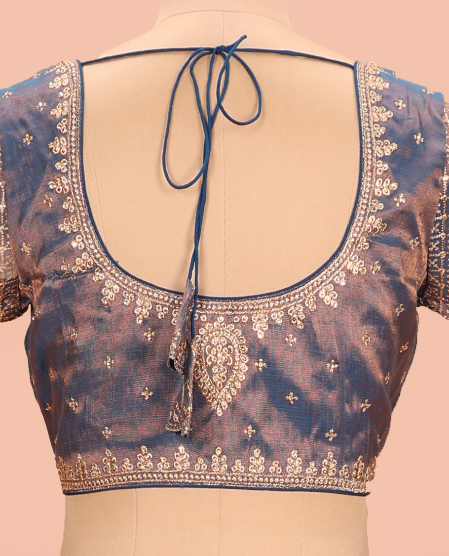 Blue embroidered round neck with elbow sleeve shimmer blouse - Image 4