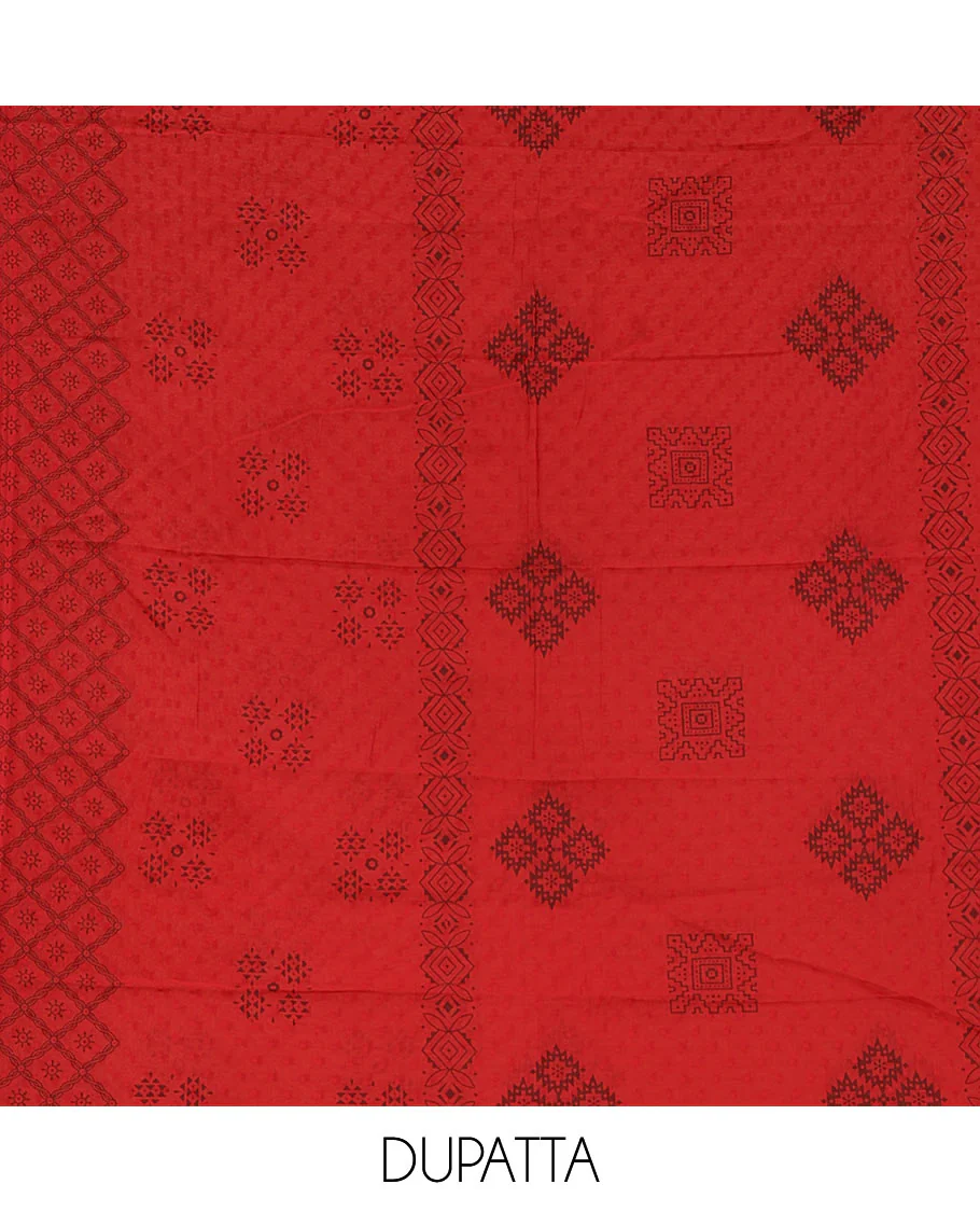 Blue flex cotton material chudidar set, ikkat printed & oxidised charm woven top, contrast bottom & negative printed dupatta - Image 2