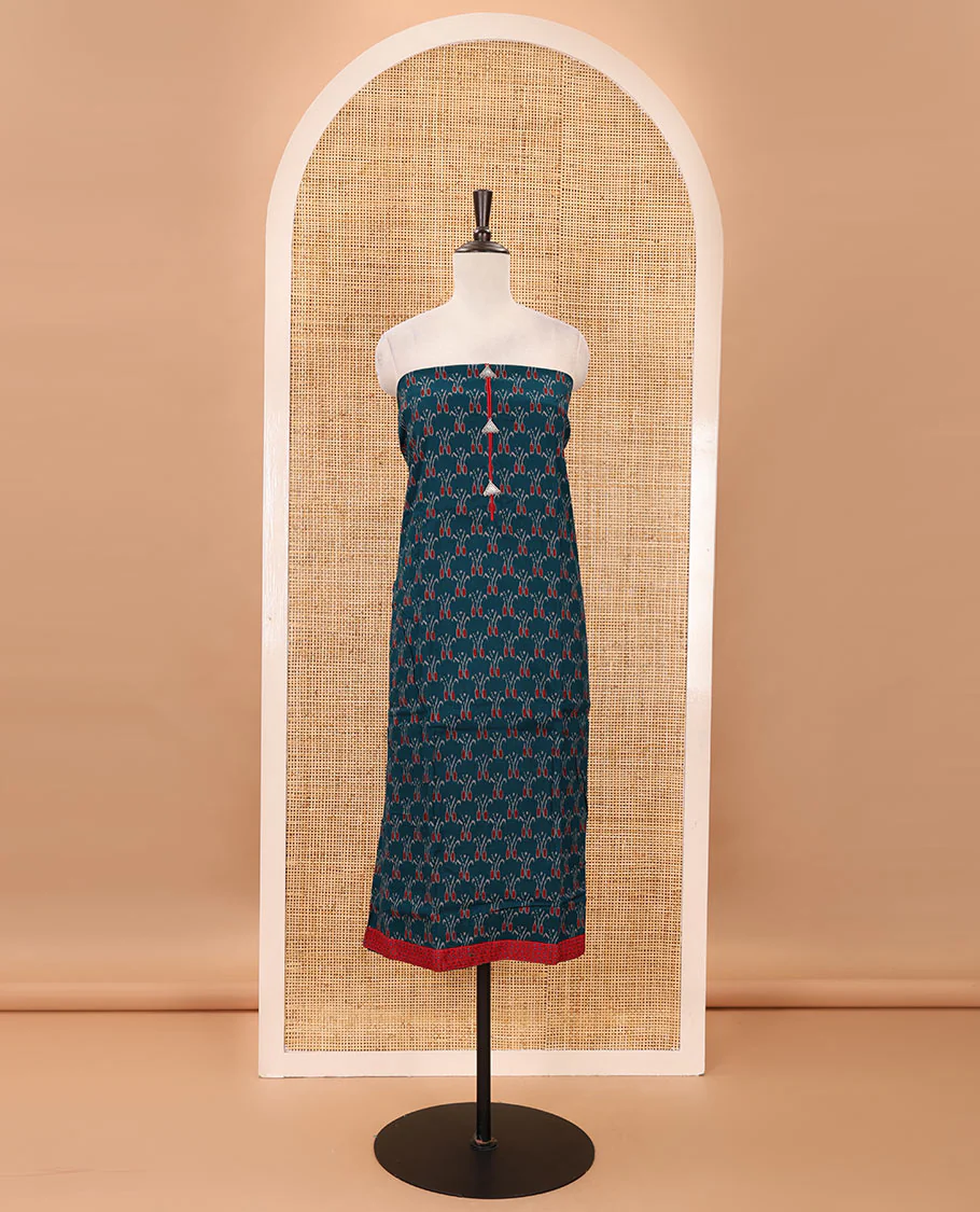 Blue flex cotton material chudidar set, ikkat printed & oxidised charm woven top, contrast bottom & negative printed dupatta - Image 3