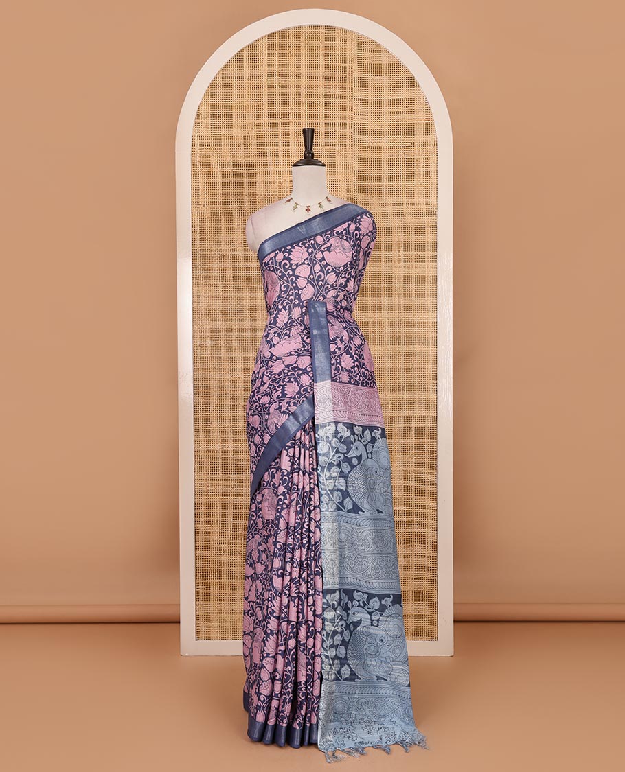 Blue flora-fauna kalamkari printed Bhagalpur linen saree, zari border, contrast floral-peacock printed pallu & contrast printed blouse - Image 2