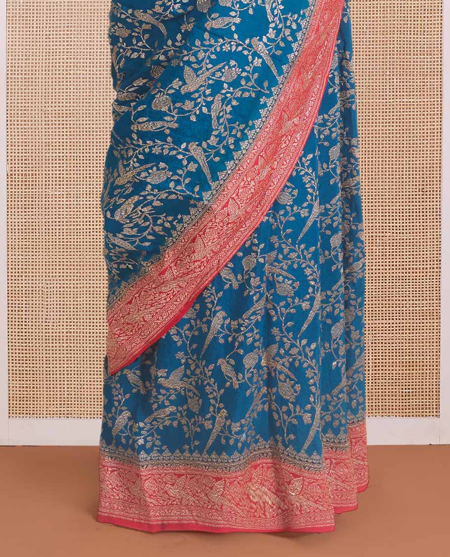 Blue floral and bird jaal jacquard banaras crepe saree, contrast floral and bird jaal zari border, and pallu of Mughal style motifs - Image 4