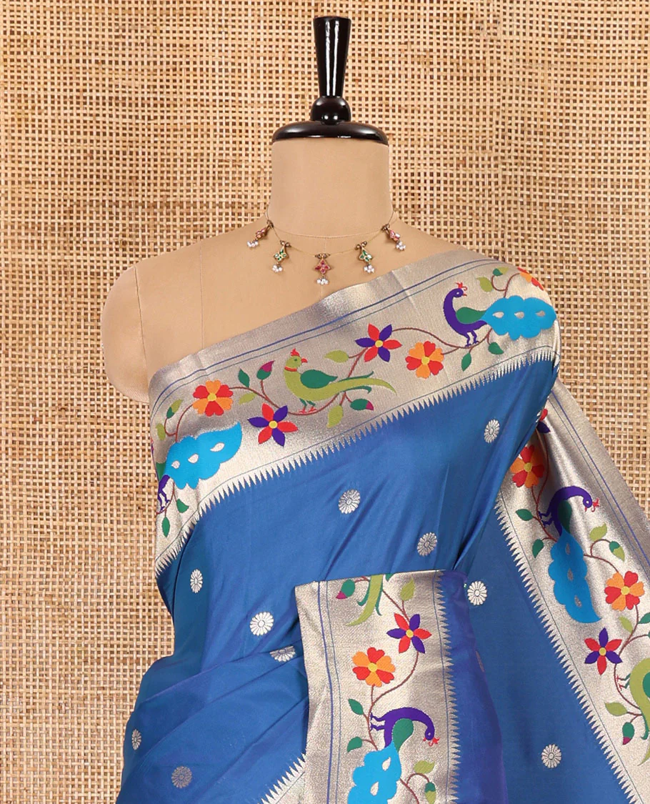 Blue floral buttas art silk paithani saree, contrast floral creeper and peacock design border, pallu of peacock and floral vine, and a matching blouse - Image 2