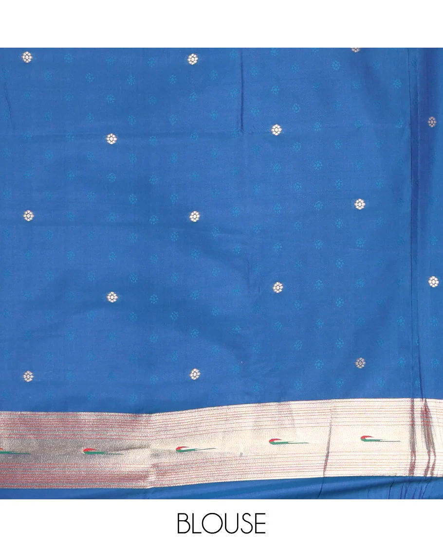 Blue floral buttas art silk paithani saree, contrast floral creeper and peacock design border, pallu of peacock and floral vine, and a matching blouse - Image 4