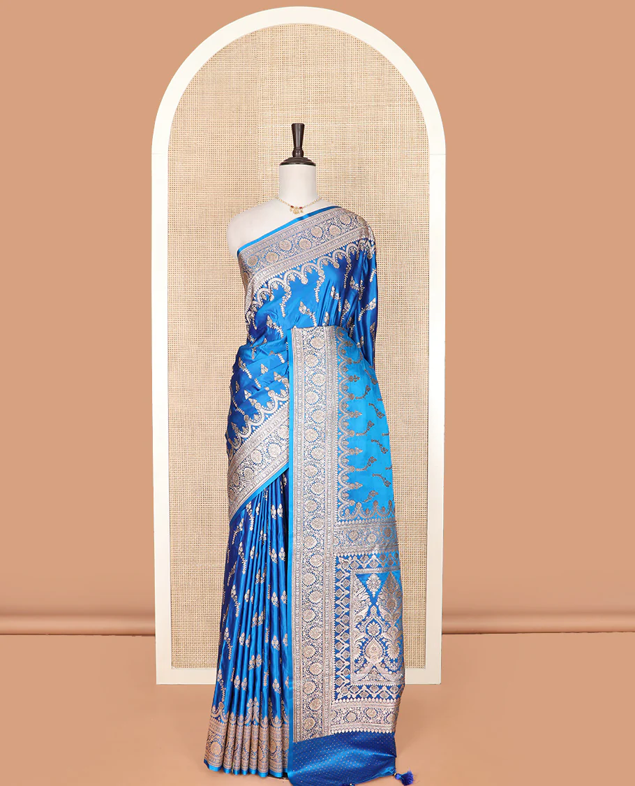 Blue floral buttas banarasi silk saree, traditional zari border of floral creeper designs, and pallu of intricate designs - Image 3