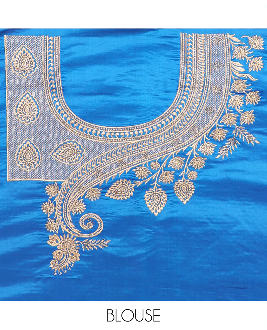 Blue floral buttas banarasi silk saree, traditional zari border of floral creeper designs, and pallu of intricate designs - Image 5