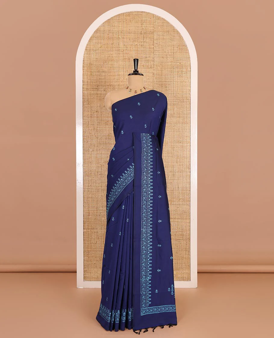 Blue floral buttas embroidered South cotton saree, embroidered border, embroidered pallu, and a matching blouse - Image 2