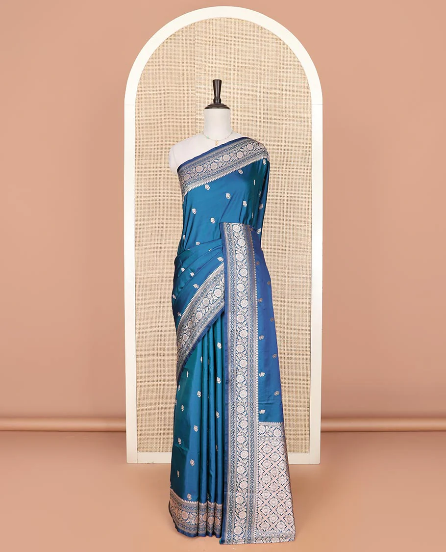 Blue floral buttas mushru silk saree, floral-creeper design zari border, and jaal pallu - Image 2