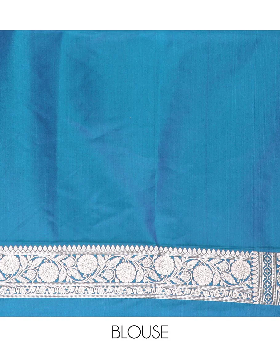 Blue floral buttas mushru silk saree, floral-creeper design zari border, and jaal pallu - Image 4