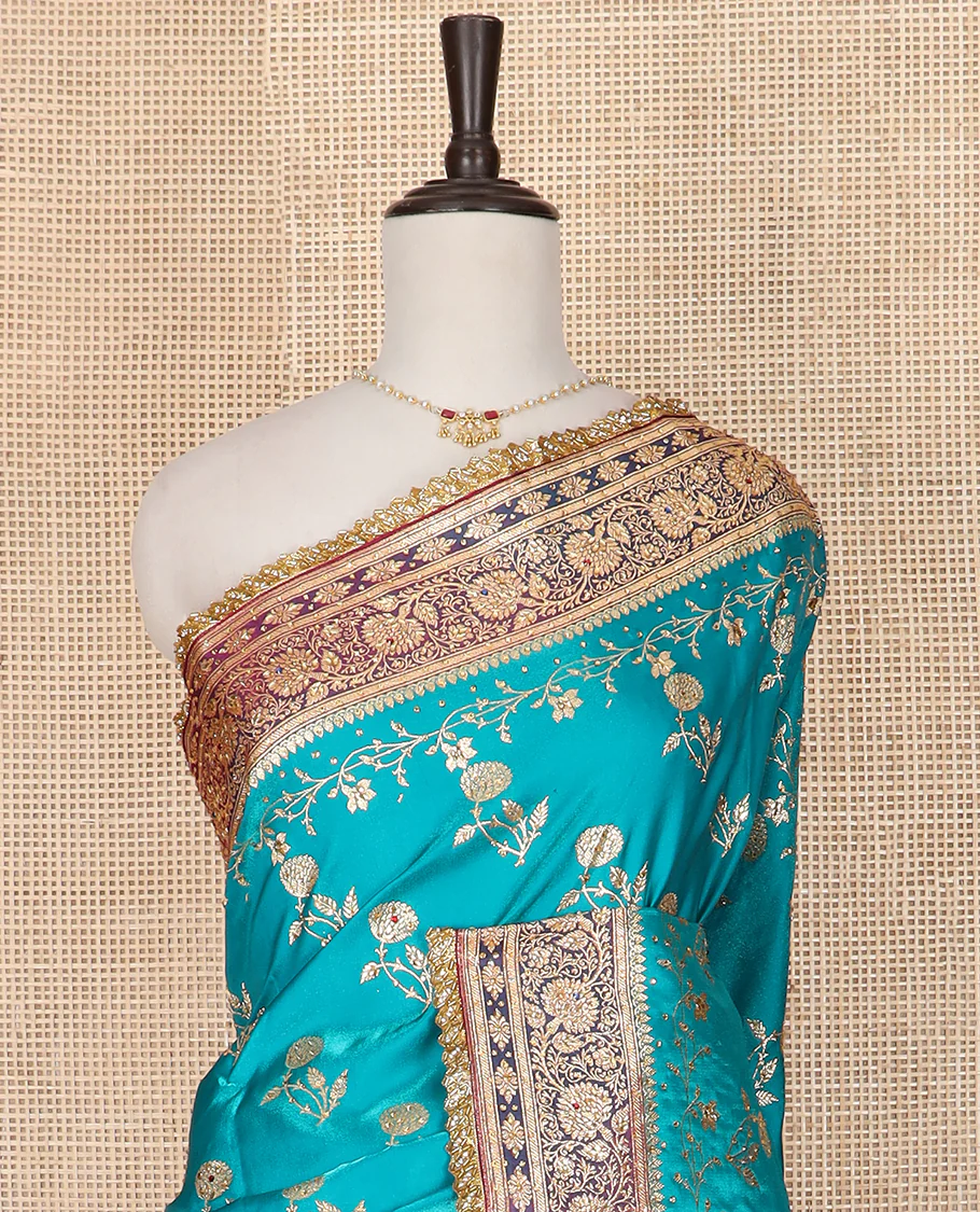 Blue floral buttas with stone work banarasi silk saree, contrast lace zari border of floral creeper designs, and pallu of Mughal-style intricate motifs - Image 2