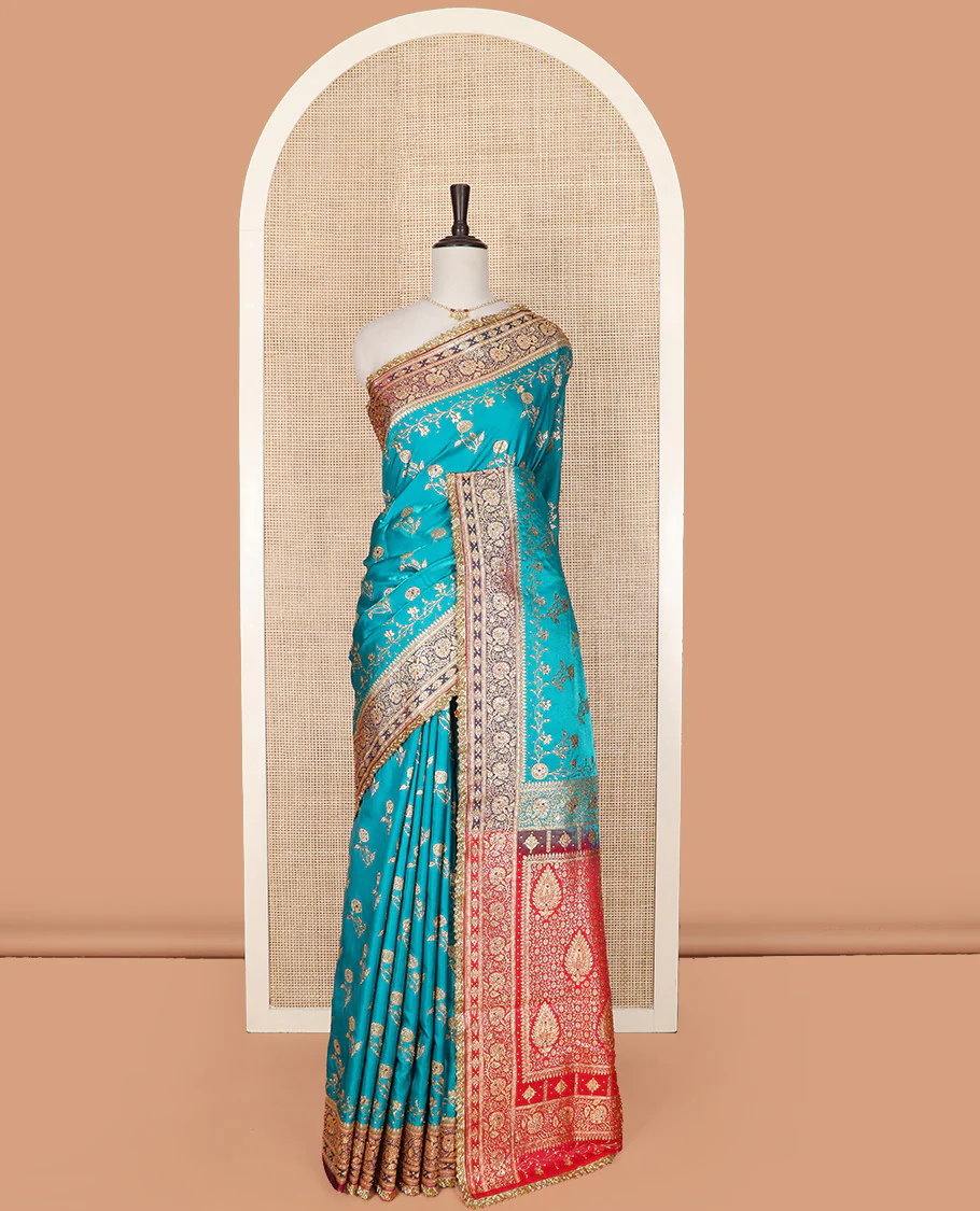Blue floral buttas with stone work banarasi silk saree, contrast lace zari border of floral creeper designs, and pallu of Mughal-style intricate motifs - Image 3