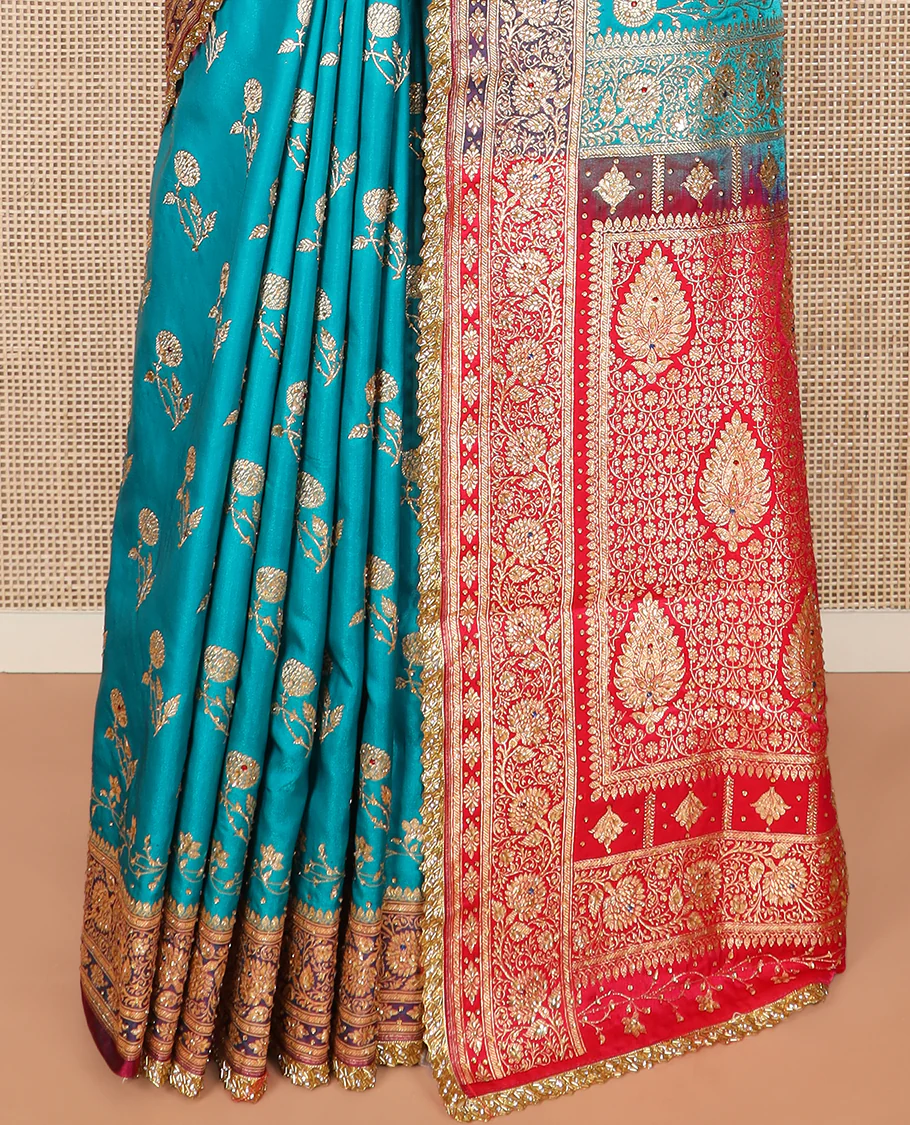 Blue floral buttas with stone work banarasi silk saree, contrast lace zari border of floral creeper designs, and pallu of Mughal-style intricate motifs - Image 4