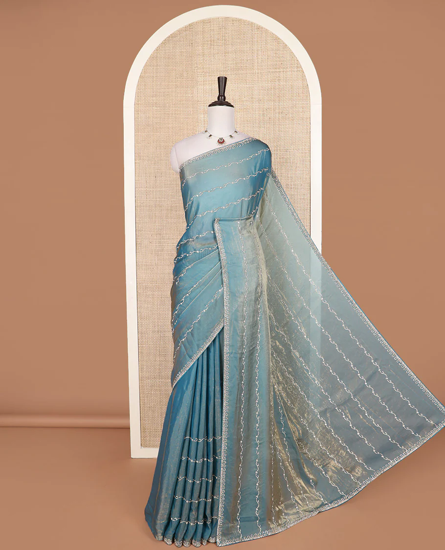 Blue floral creeper micro stone work designer saree, micro-stone work border, and floral creeper micro stone work pallu