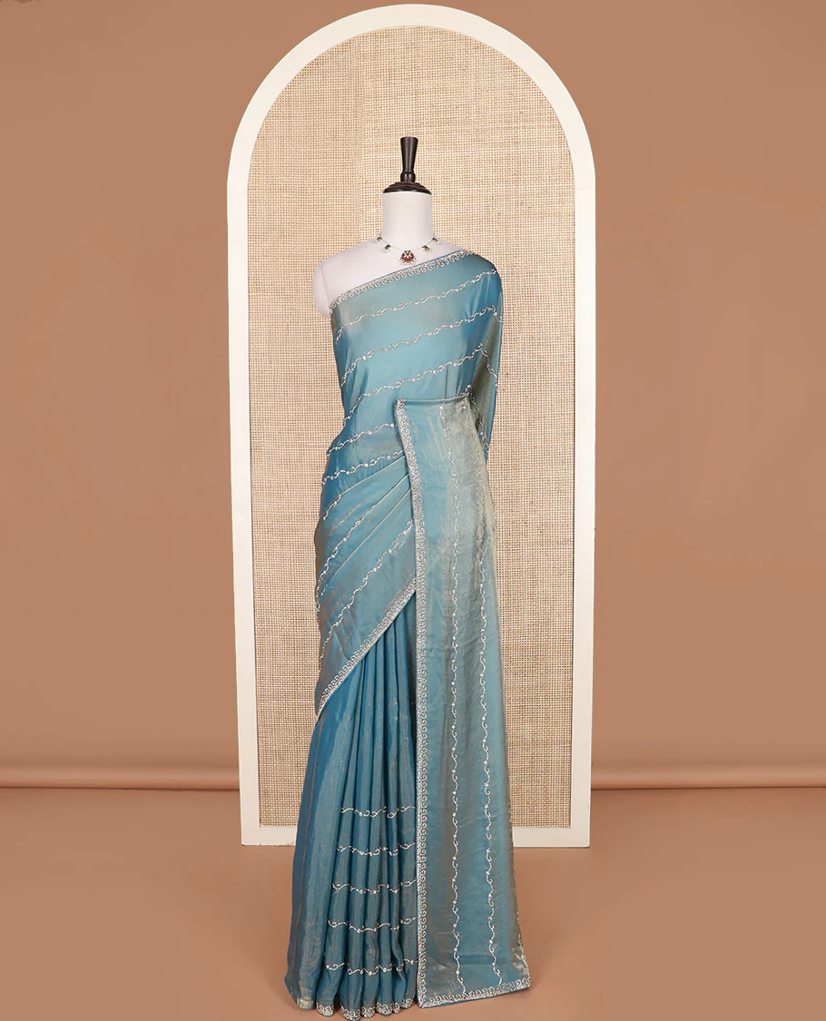 Blue floral creeper micro stone work designer saree, micro-stone work border, and floral creeper micro stone work pallu - Image 2