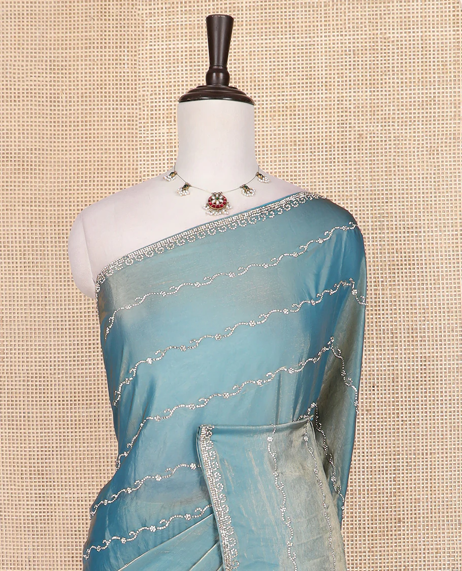 Blue floral creeper micro stone work designer saree, micro-stone work border, and floral creeper micro stone work pallu - Image 3