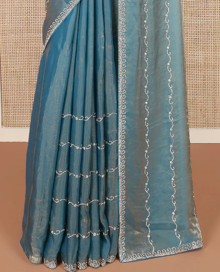Blue floral creeper micro stone work designer saree, micro-stone work border, and floral creeper micro stone work pallu - Image 4