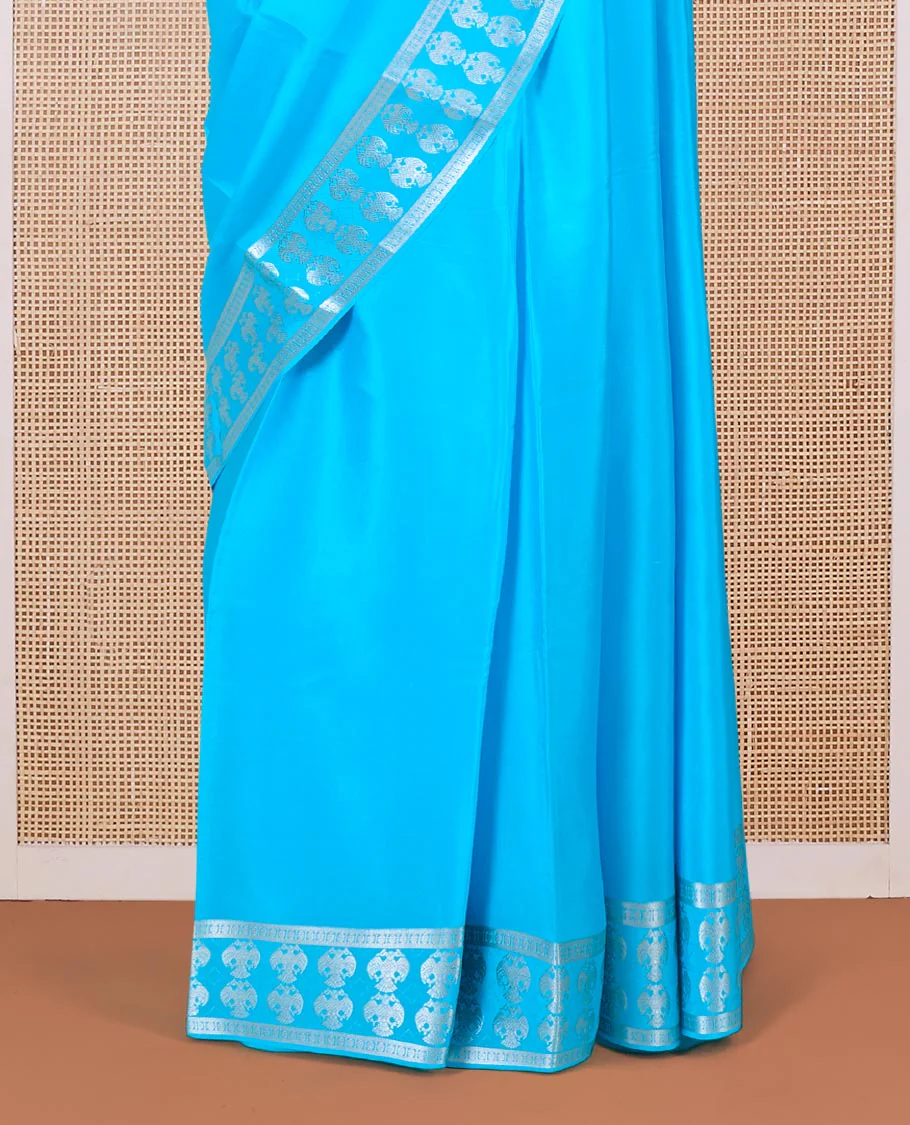 Blue plain Mysore silk saree, two-headed eagle zari woven border, and pallu of two-headed eagle motifs - Image 4