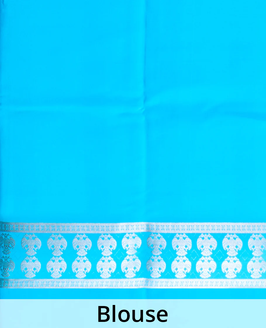 Blue plain Mysore silk saree, two-headed eagle zari woven border, and pallu of two-headed eagle motifs - Image 5