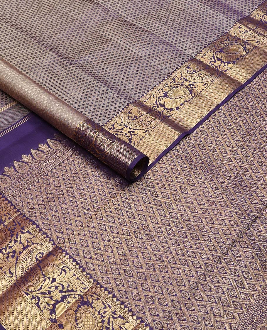 Blue floral design Parampara silk saree with contrast border of thilakam mokku, mayil, manga design & argyle design pallu - Image 2