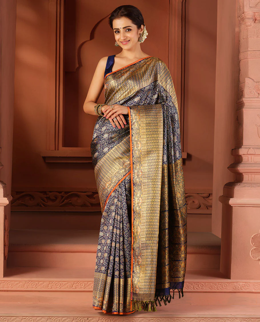 Blue floral jaal meenakari jacquard Samudrika silk saree, rekku border of kodi visiry, yaanai & mayil & pallu steeped with yaanai & mayil on the palanquin motifs