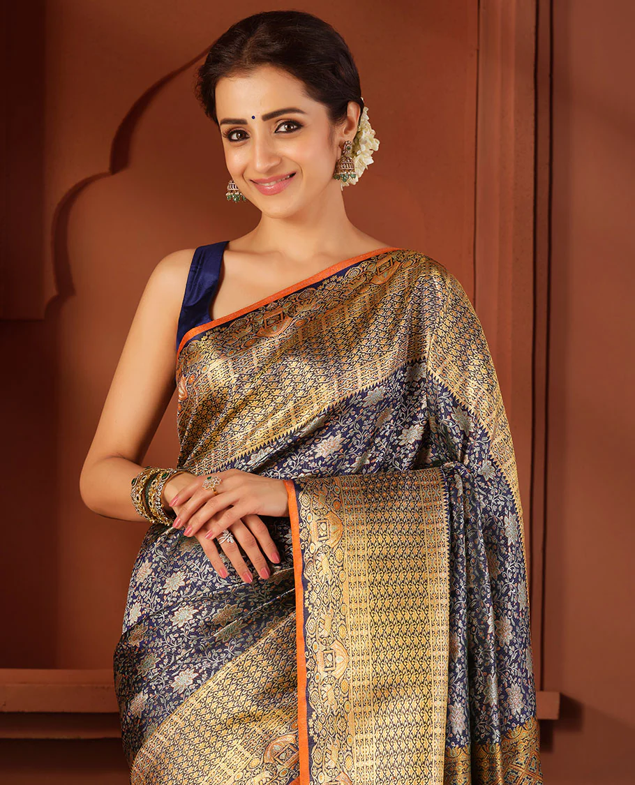 Blue floral jaal meenakari jacquard Samudrika silk saree, rekku border of kodi visiry, yaanai & mayil & pallu steeped with yaanai & mayil on the palanquin motifs - Image 2