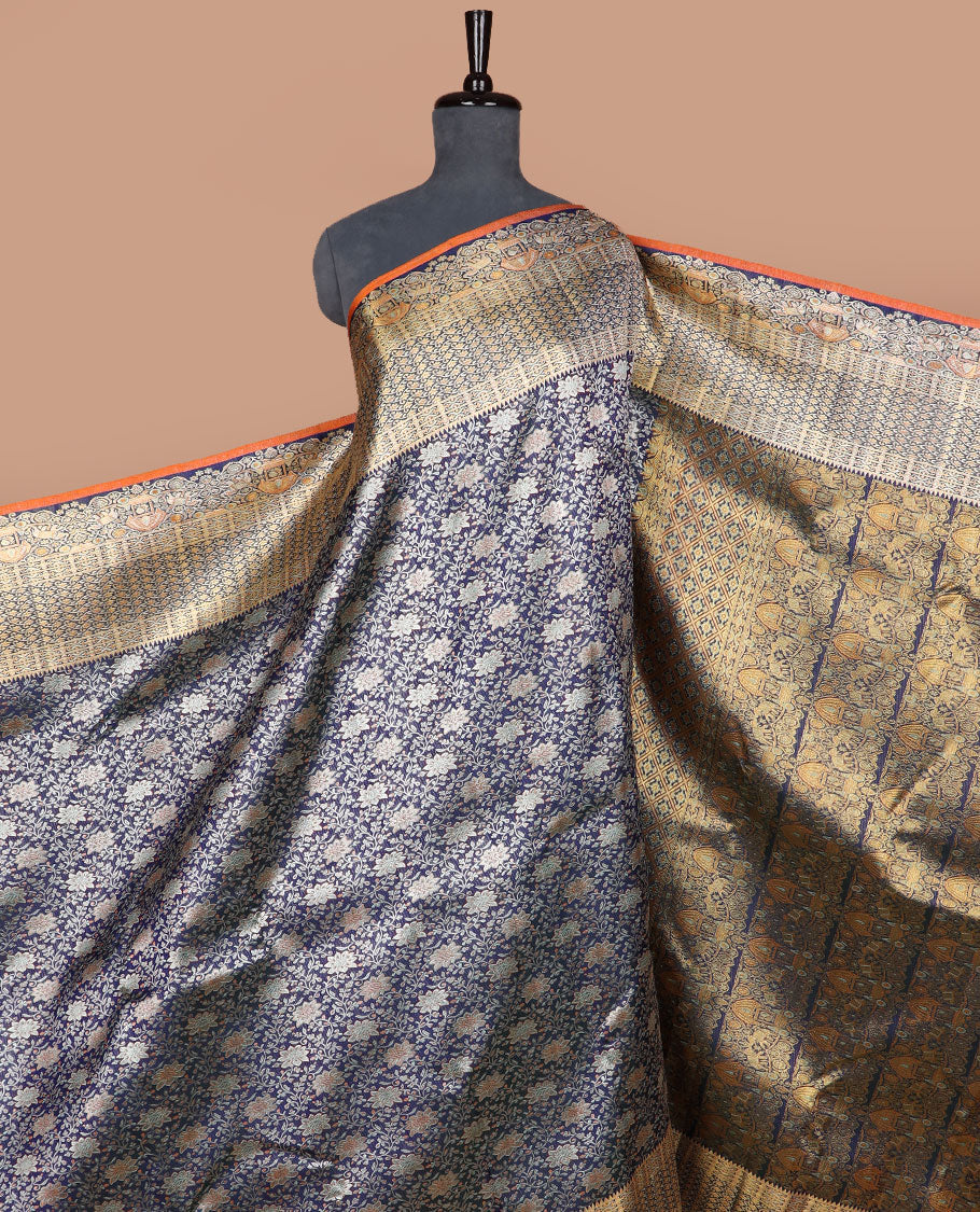 Blue floral jaal meenakari jacquard Samudrika silk saree, rekku border of kodi visiry, yaanai & mayil & pallu steeped with yaanai & mayil on the palanquin motifs - Image 3