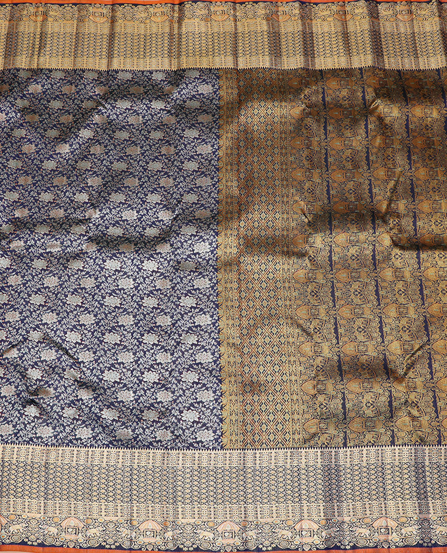 Blue floral jaal meenakari jacquard Samudrika silk saree, rekku border of kodi visiry, yaanai & mayil & pallu steeped with yaanai & mayil on the palanquin motifs - Image 4