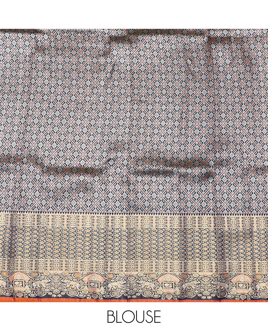 Blue floral jaal meenakari jacquard Samudrika silk saree, rekku border of kodi visiry, yaanai & mayil & pallu steeped with yaanai & mayil on the palanquin motifs - Image 5