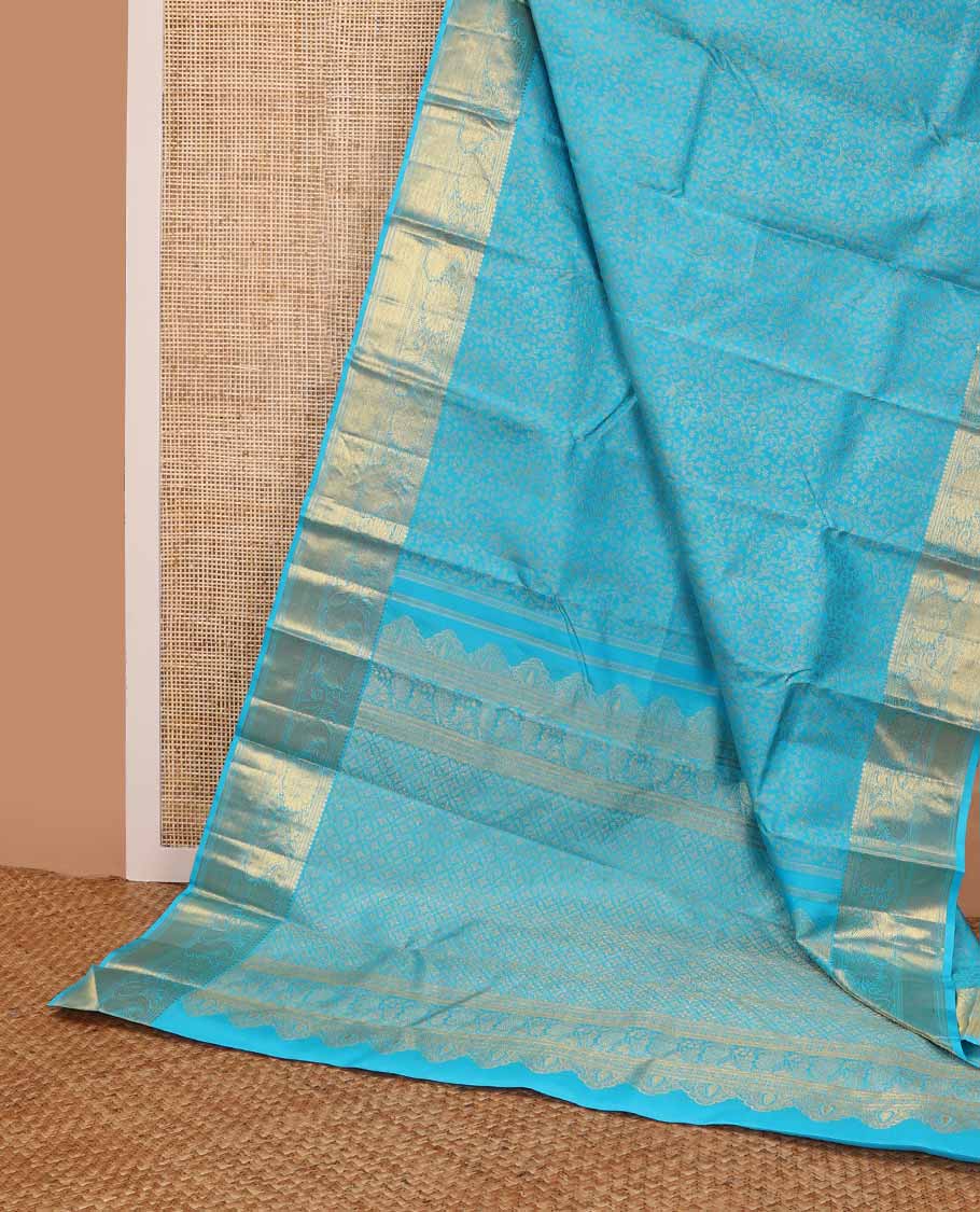Blue floral jacqaurd Samudrika silk saree with contrast design of thilakam mokku, banaras, manga design & floral pallu - Image 3