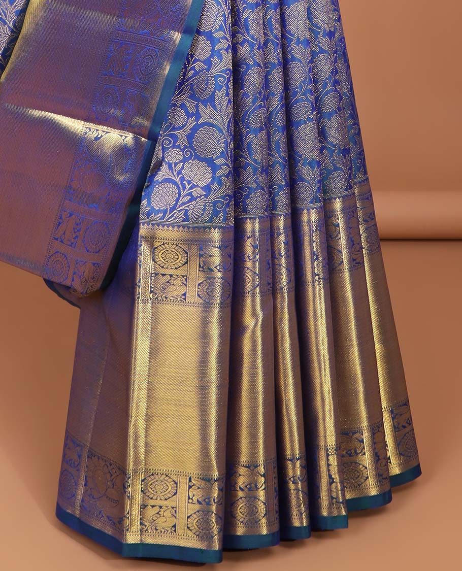 Blue floral jacquard samudrika silk saree with contrast intricate zari design border & floral zari design pallu - Image 5