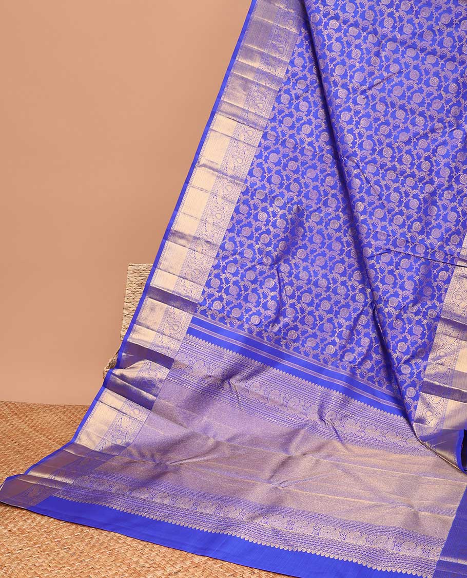 Blue floral jacquard samudrika silk saree with self intricate zari design border & zari design pallu - Image 3