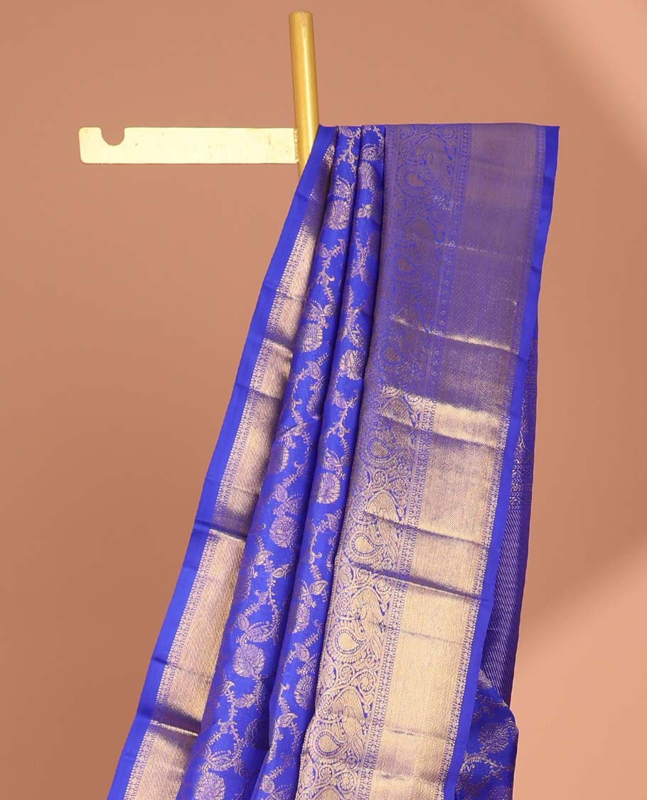 Blue floral jacquard samudrika silk saree with self intricate zari design border & zari design pallu - Image 4