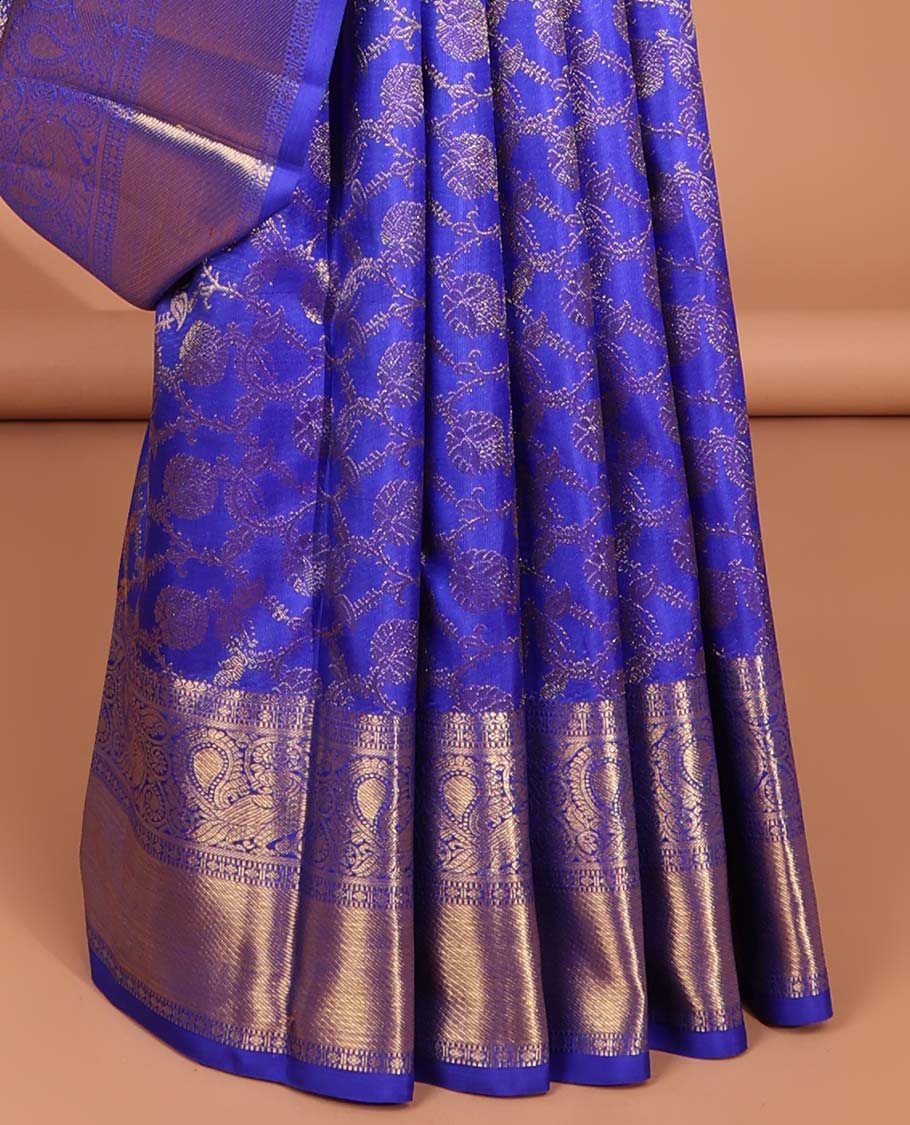 Blue floral jacquard samudrika silk saree with self intricate zari design border & zari design pallu - Image 5