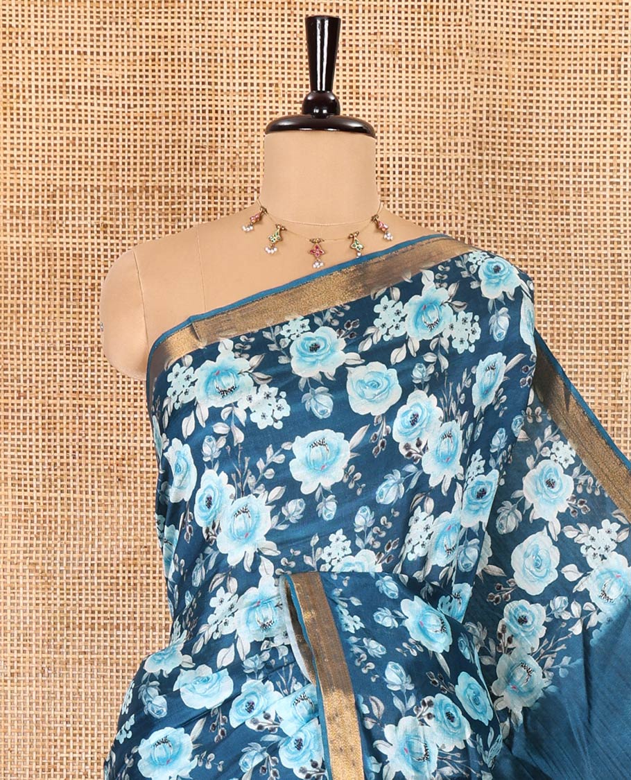 Blue floral motifs digital printed banana pith saree, zari piping border, striped pallu, and a matching floral printed blouse - Image 2