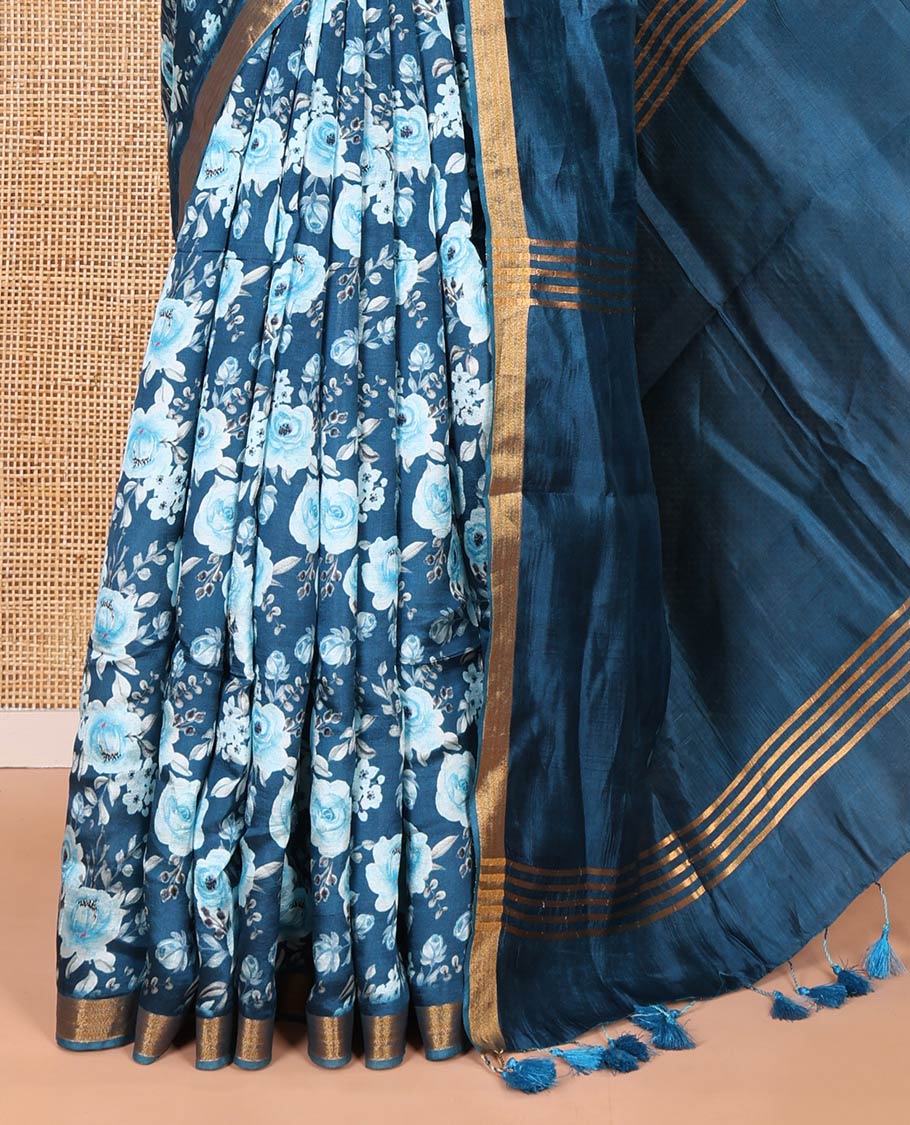 Blue floral motifs digital printed banana pith saree, zari piping border, striped pallu, and a matching floral printed blouse - Image 3
