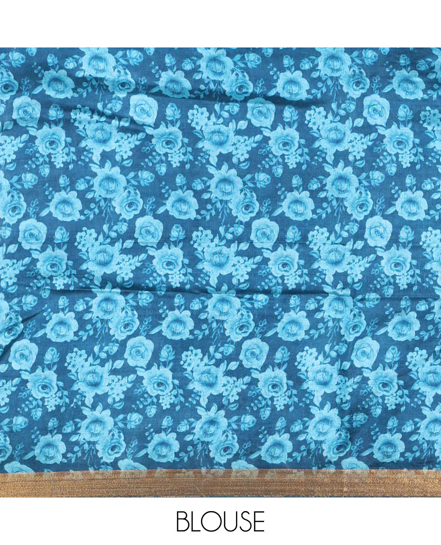 Blue floral motifs digital printed banana pith saree, zari piping border, striped pallu, and a matching floral printed blouse - Image 4