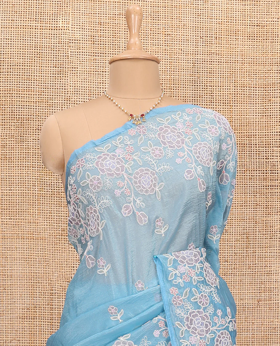 Blue floral motifs thread embroidered tissue saree, floral vine embroidered border, and pallu - Image 3