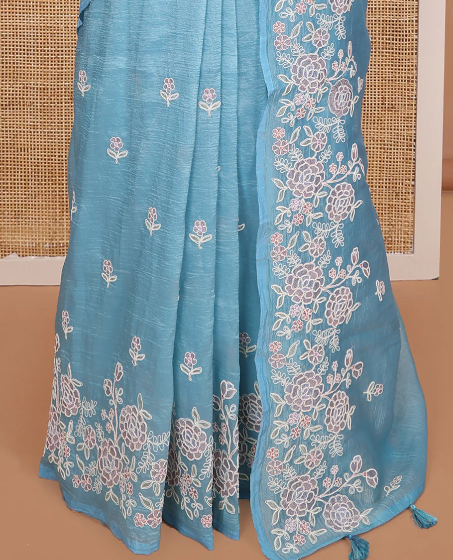 Blue floral motifs thread embroidered tissue saree, floral vine embroidered border, and pallu - Image 4