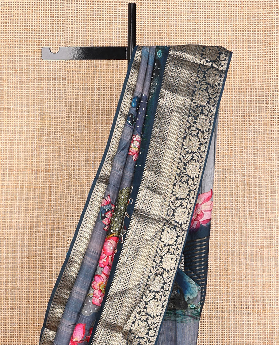 Blue floral & pichwai cow printed with embroidered dola silk saree, contrast traditional zari design border & zari striped pallu - Image 3