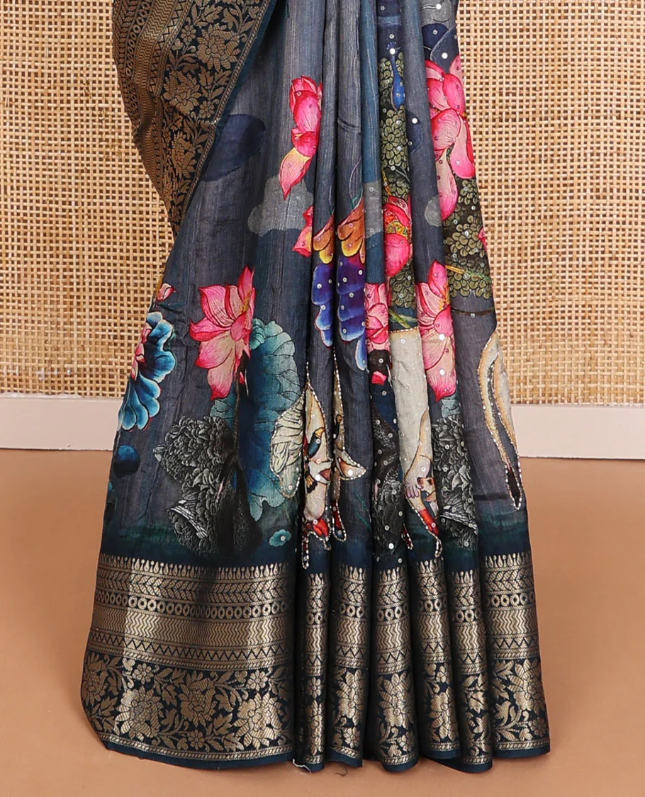 Blue floral & pichwai cow printed with embroidered dola silk saree, contrast traditional zari design border & zari striped pallu - Image 4