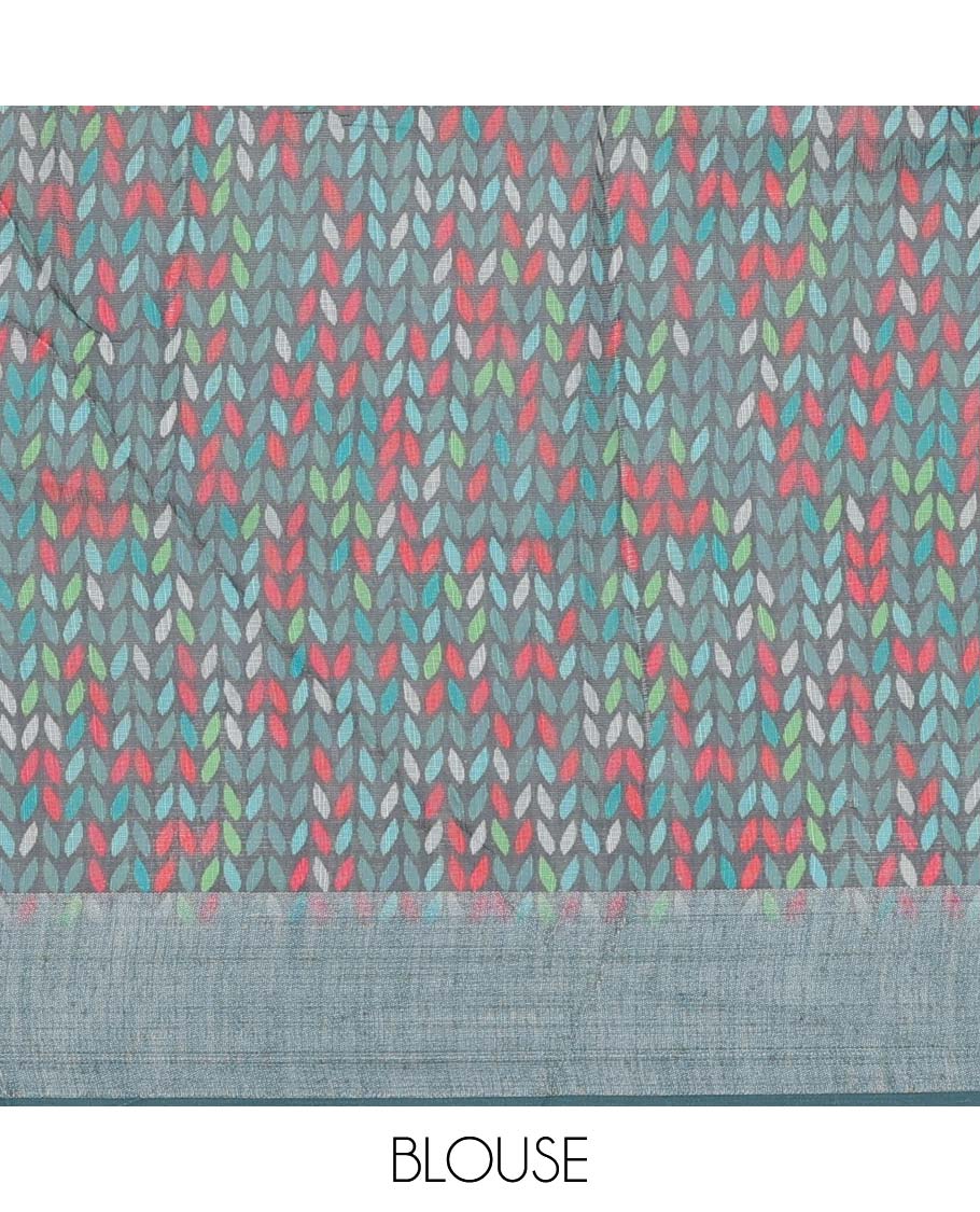 Blue floral printed semi-banaras linen saree, plain border - Image 2