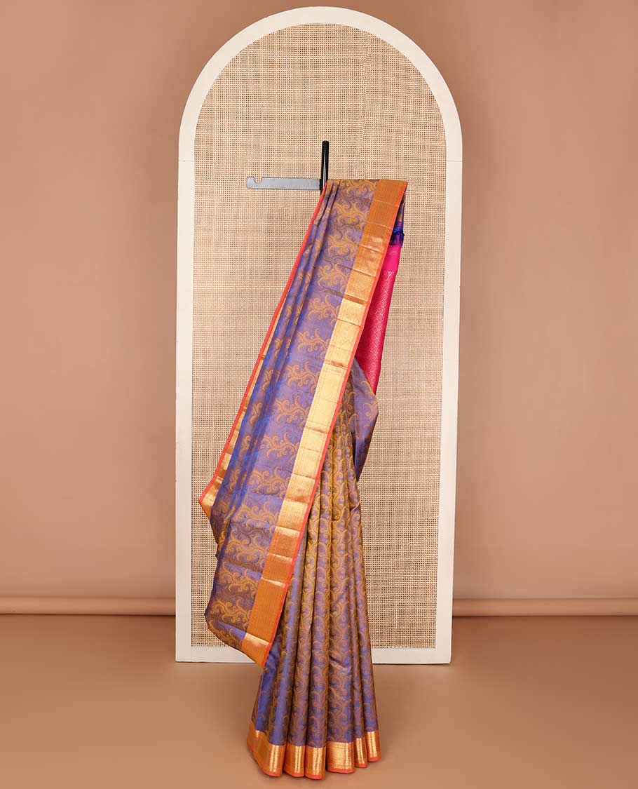 Blue floral vine design Parampara silk saree with contrast border of thilakam mokku, paun, vanki design & floral pallu