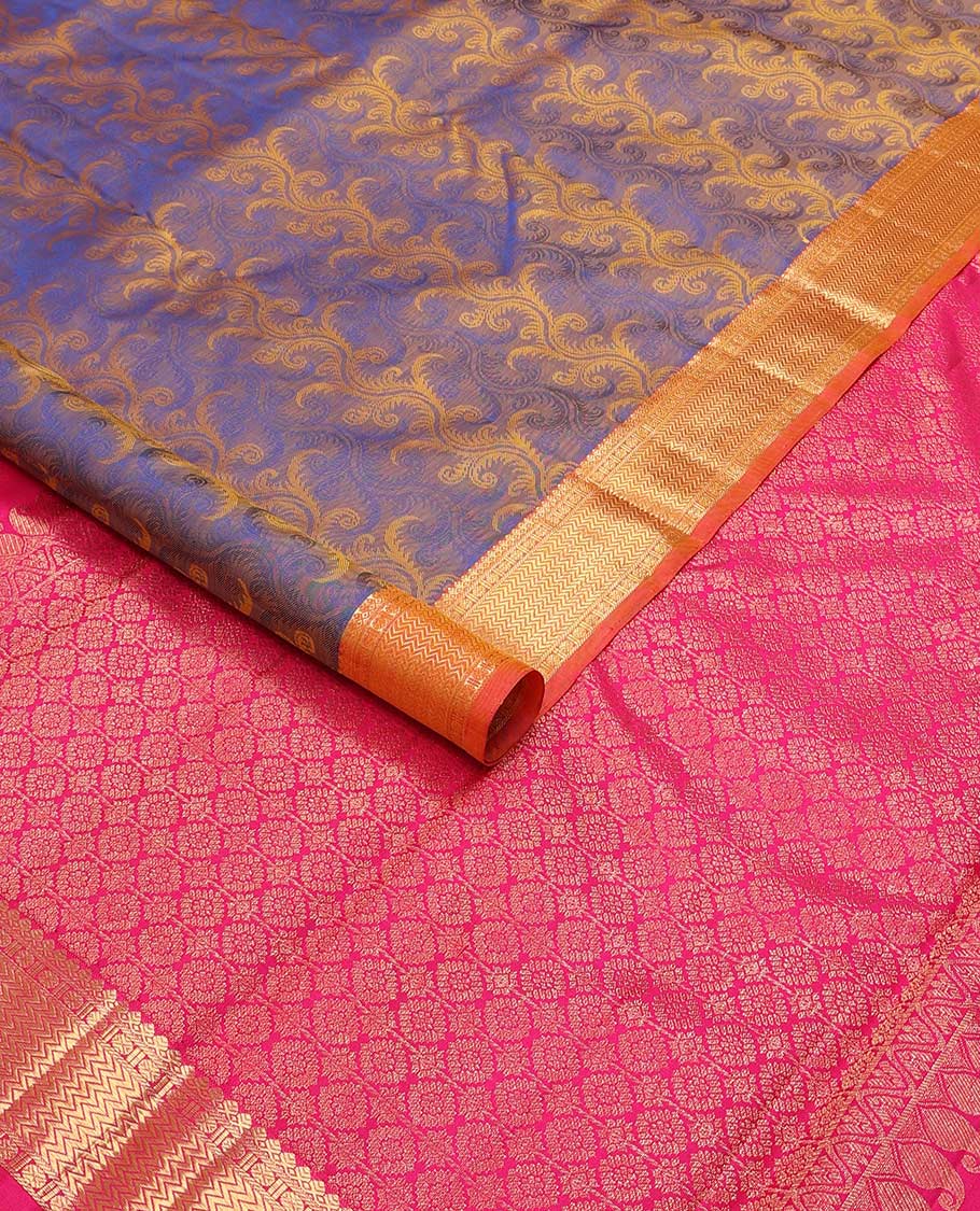 Blue floral vine design Parampara silk saree with contrast border of thilakam mokku, paun, vanki design & floral pallu - Image 2