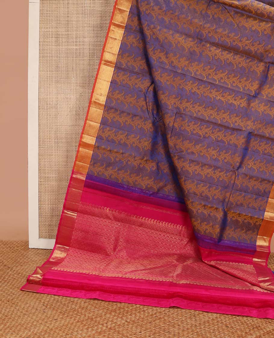 Blue floral vine design Parampara silk saree with contrast border of thilakam mokku, paun, vanki design & floral pallu - Image 3