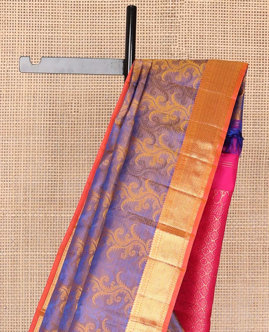 Blue floral vine design Parampara silk saree with contrast border of thilakam mokku, paun, vanki design & floral pallu - Image 4