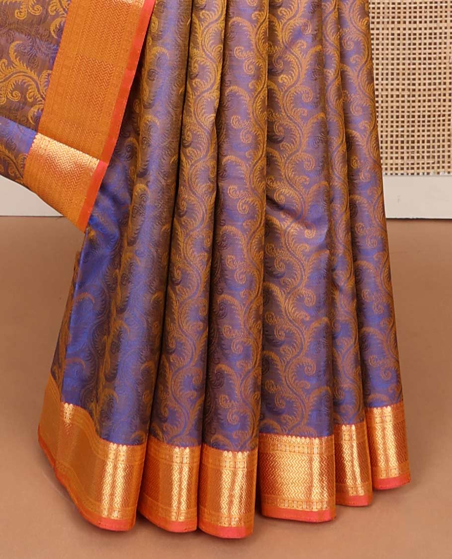 Blue floral vine design Parampara silk saree with contrast border of thilakam mokku, paun, vanki design & floral pallu - Image 5