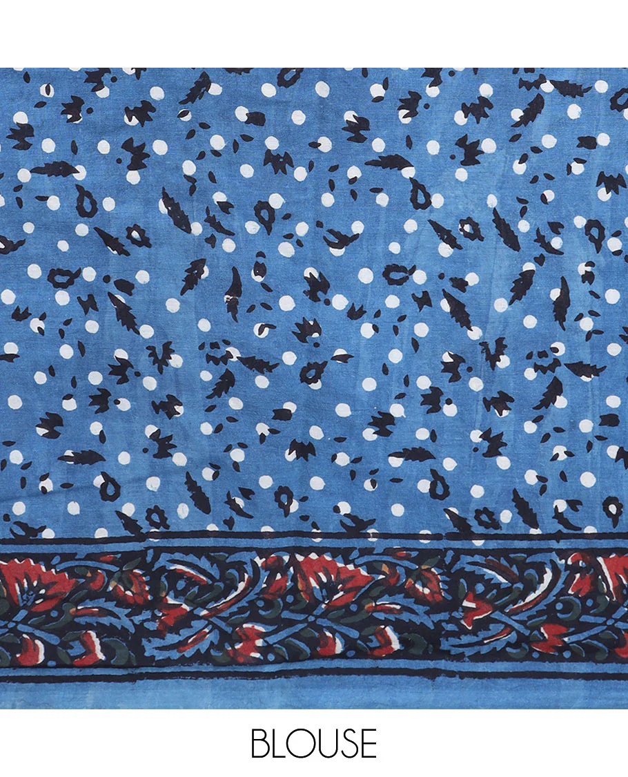 Blue floral vine printed mul-mul cotton saree, floral border & pallu stepped with chevron stripes - Image 3